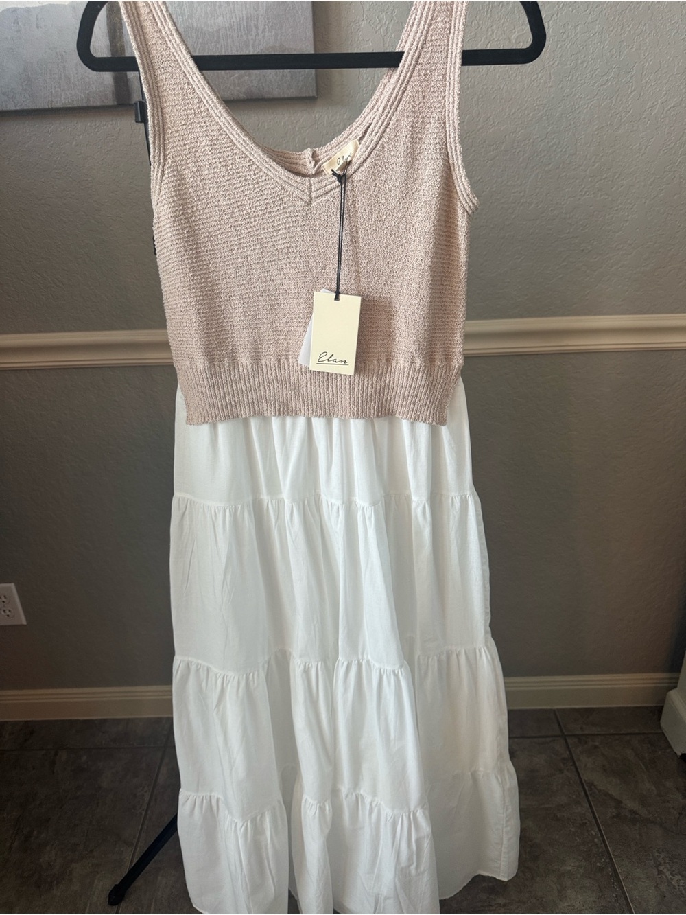 Elan Beige Knit Tank & White Tiered Maxi Dress